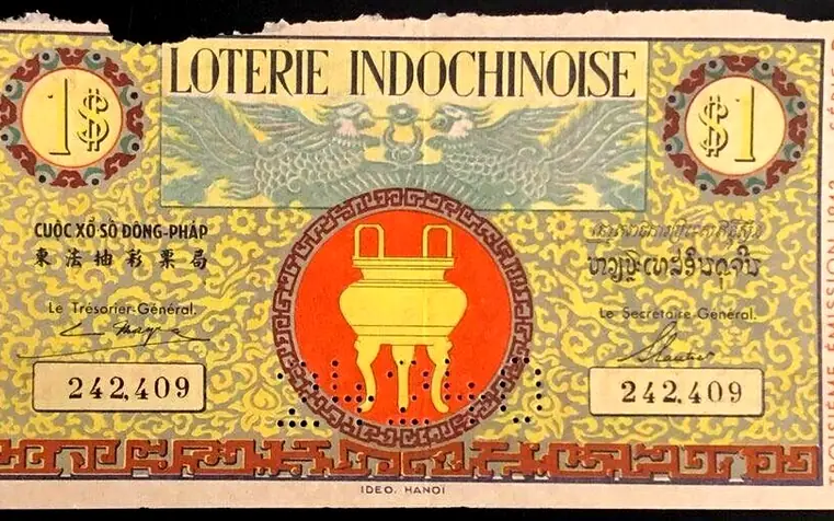 Vé xổ số Đông Dương (Loterie Indochinoise) phát hành năm 1942, hiện vật thuộc phạm vi công cộng